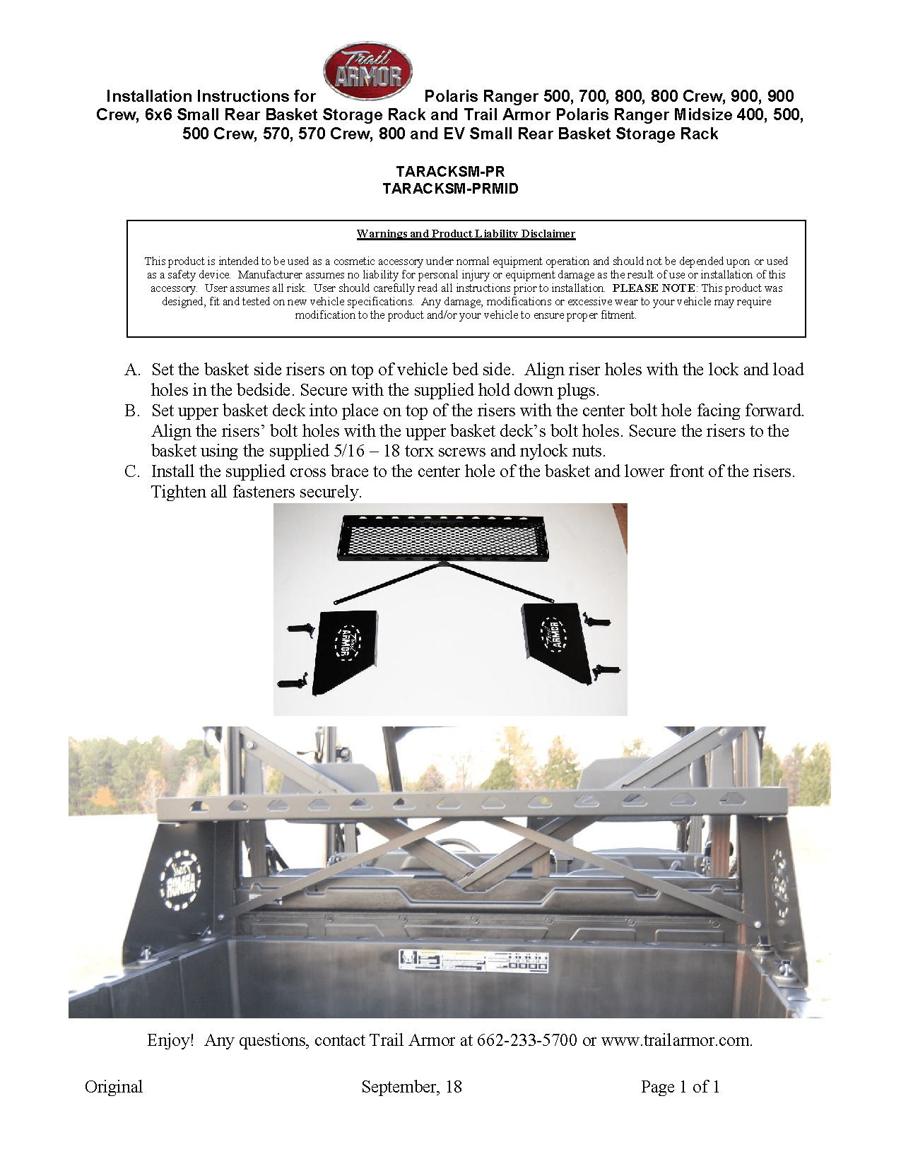 Trail Armor Small Rear Basket Storage Rack for 2019-21 Polaris Ranger XP 1000 (all through) / Ranger XP 1000 Crew