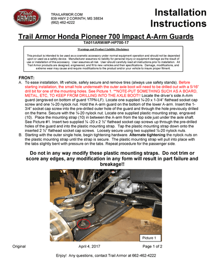 Trail Armor iMpact A-arm Guard Honda for 2014-23 Pioneer 700