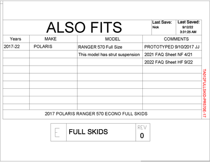 Trail Armor Full Skids with Sliders for 2016-22 Polaris Ranger 570 Full Size Economy (Struts)