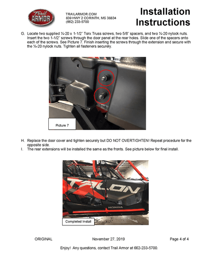 Trail Armor Lower Door Insert Kit for 2020-22 Honda Talon 1000X-4