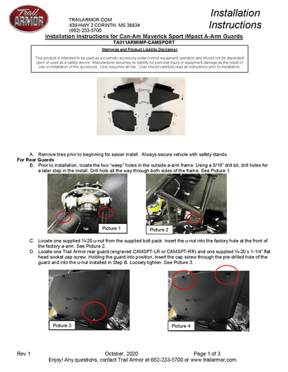 Trail Armor A-Arm Guards for 2019-23 Can-Am Maverick Sport / Commander
