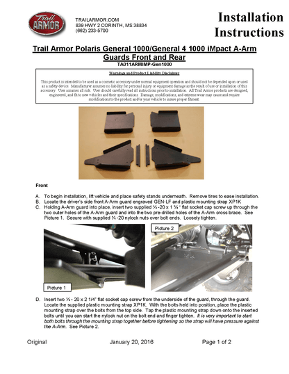 Trail Armor IMpact A-Arm Guards Front & Rear for Polaris General 1000 / 1000 4