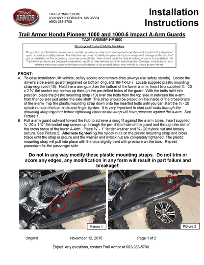 Trail Armor iMpact A-Arm Guard for 2016-21 Honda Pioneer 1000 / Pioneer 1000-5