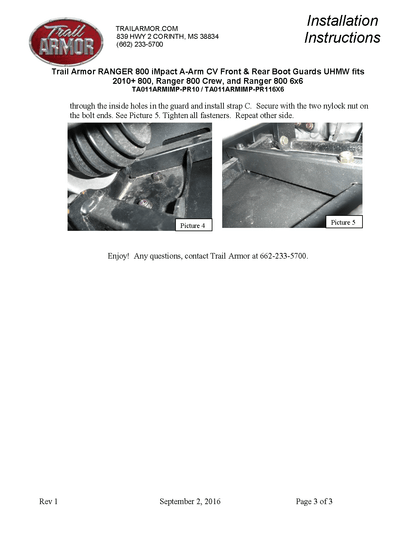 Trail Armor iMpact A-Arm CV Front & Rear Boot Guards for2010-14 Ranger 800 Model