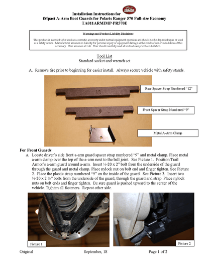 Trail Armor Impact A-arm Guards (has struts) for 2017-23 PolarzRanger Full Size Economy Model