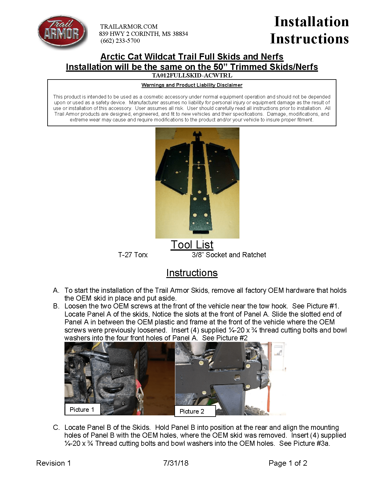 Trail Armor Skid Plates for 2014-19 Wildcat Sport / Trail XT Limited