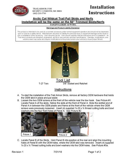 Trail Armor Skid Plates for 2014-19 Wildcat Sport / Trail XT Limited