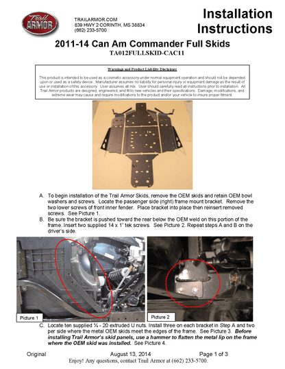 Trail Armor Skid Plates for 2011-14 Can-Am Commander 800 /DPS /XT/ 1000