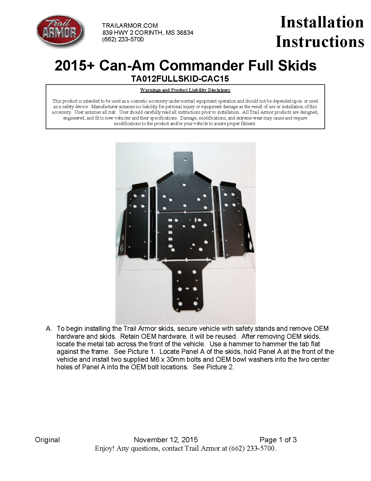 Trail Armor Skid Plates for 2015-20 Can-Am Commander 800/ DPS/ XT /1000