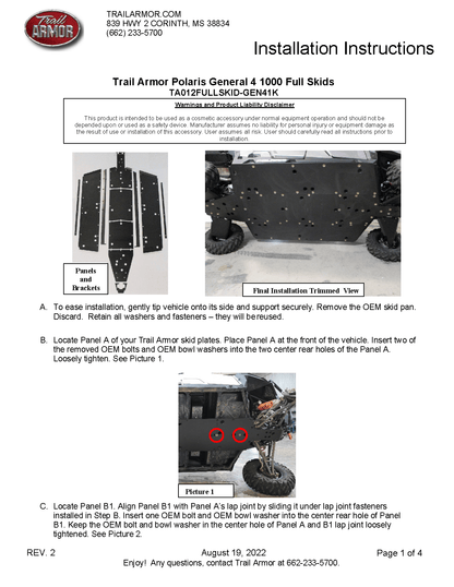 Trail Armor Skid Plate With Rock Sliders for 2017+ Polaris General XP 1000 4