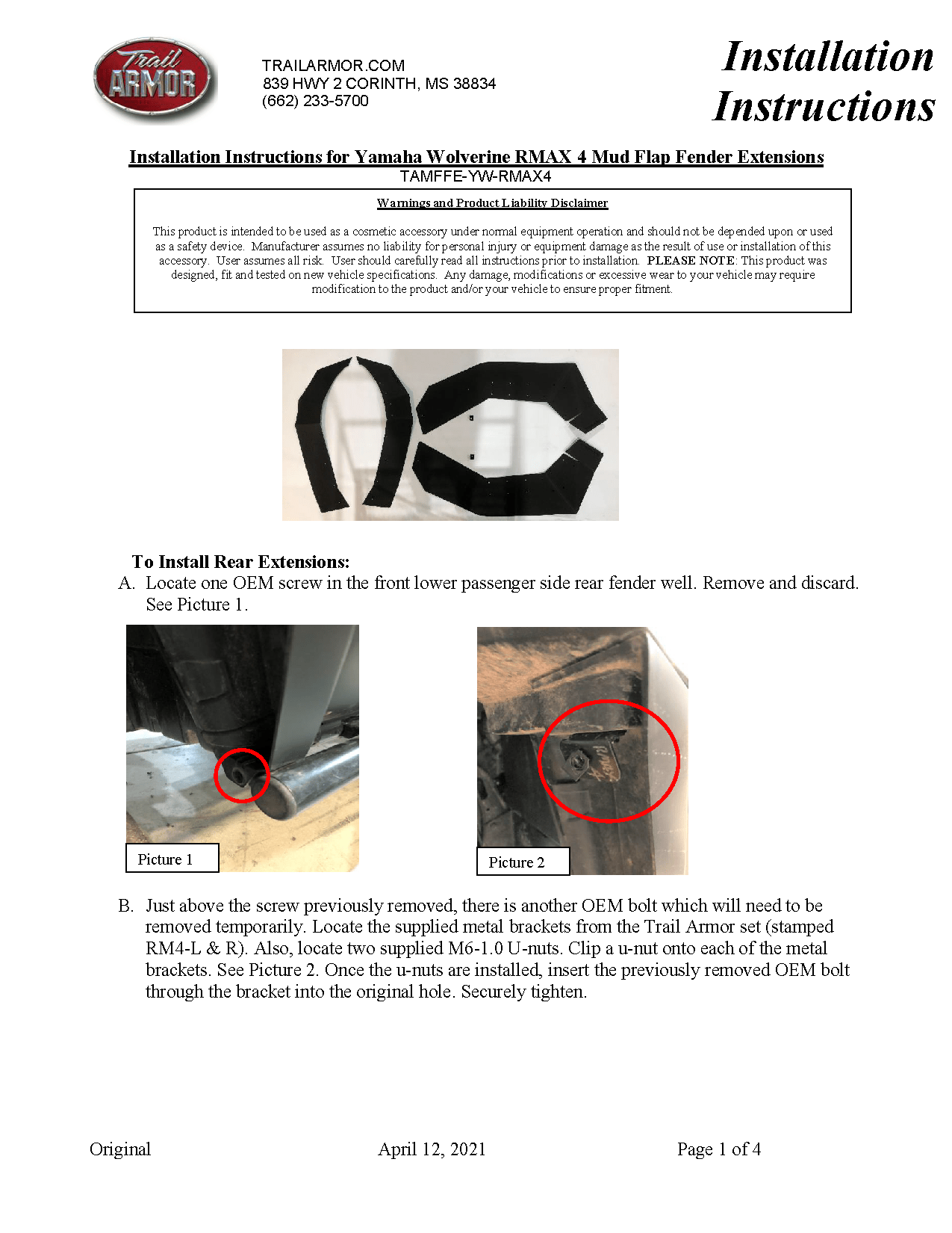 Trail Armor Mud Flap Fender Extensions for 2021+ Yamaha Wolverine RMAX 4