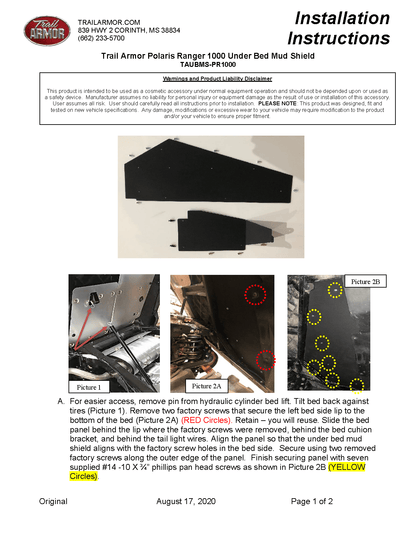 Trail Armor Underbed Mud Shield with Fender Enclosure for 2020-23 Ranger 1000 / Ranger 1000 Crew
