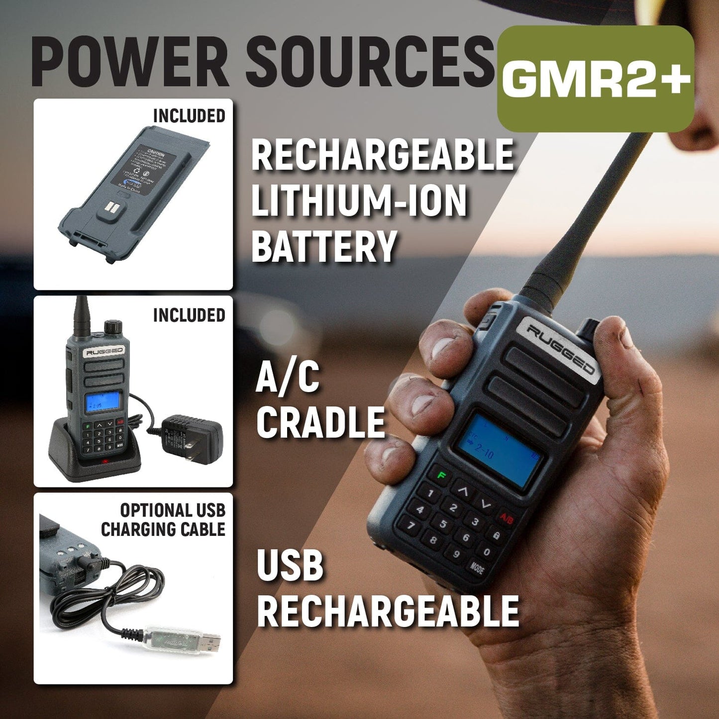 Rugged Radios ADVENTURE PACK - 2 PACK - GMR2 PLUS GMRS and FRS Two Way Handheld Radios with XL Batteries and Long Range Antennas - Grey