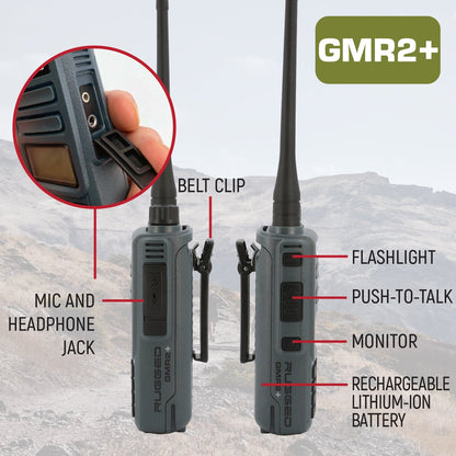 Rugged Radios GREAT OUTDOORS PACK - GMR2 PLUS GMRS and FRS Two Way Handheld Radios with Lapel Mics and XL Batteries